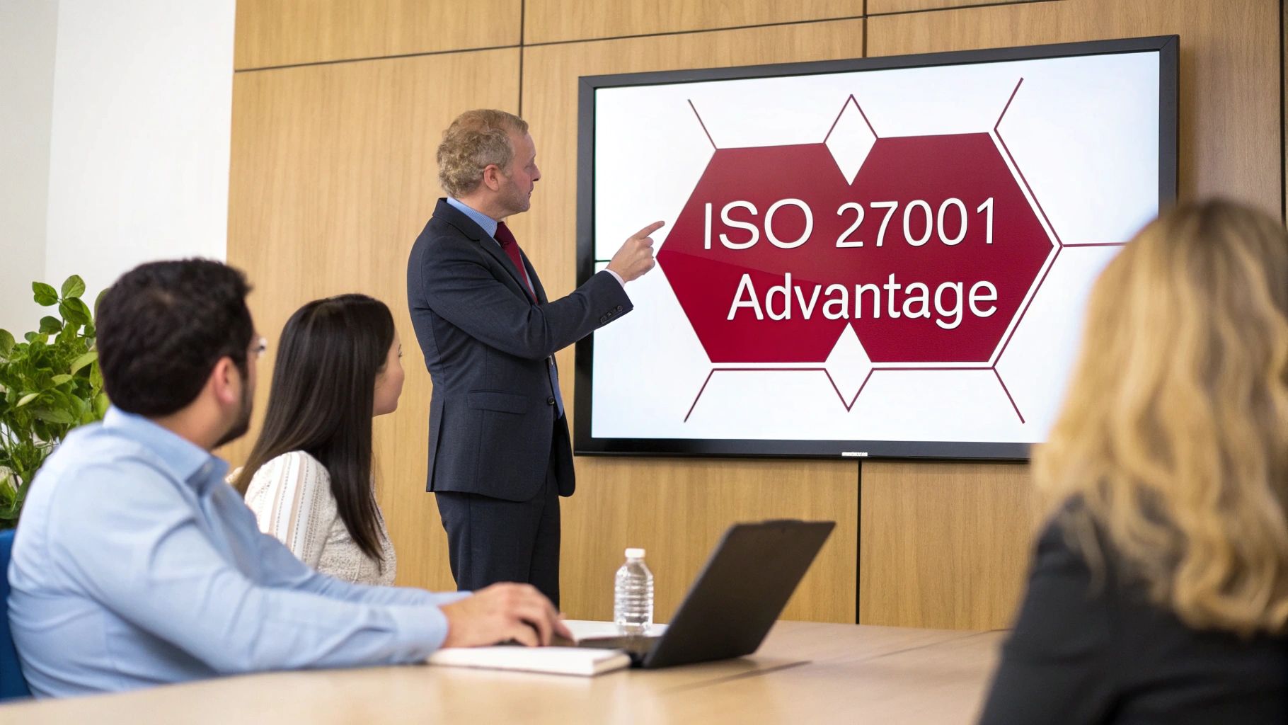 A presenter points to a screen displaying "ISO 27001 Advantage" to an attentive audience.