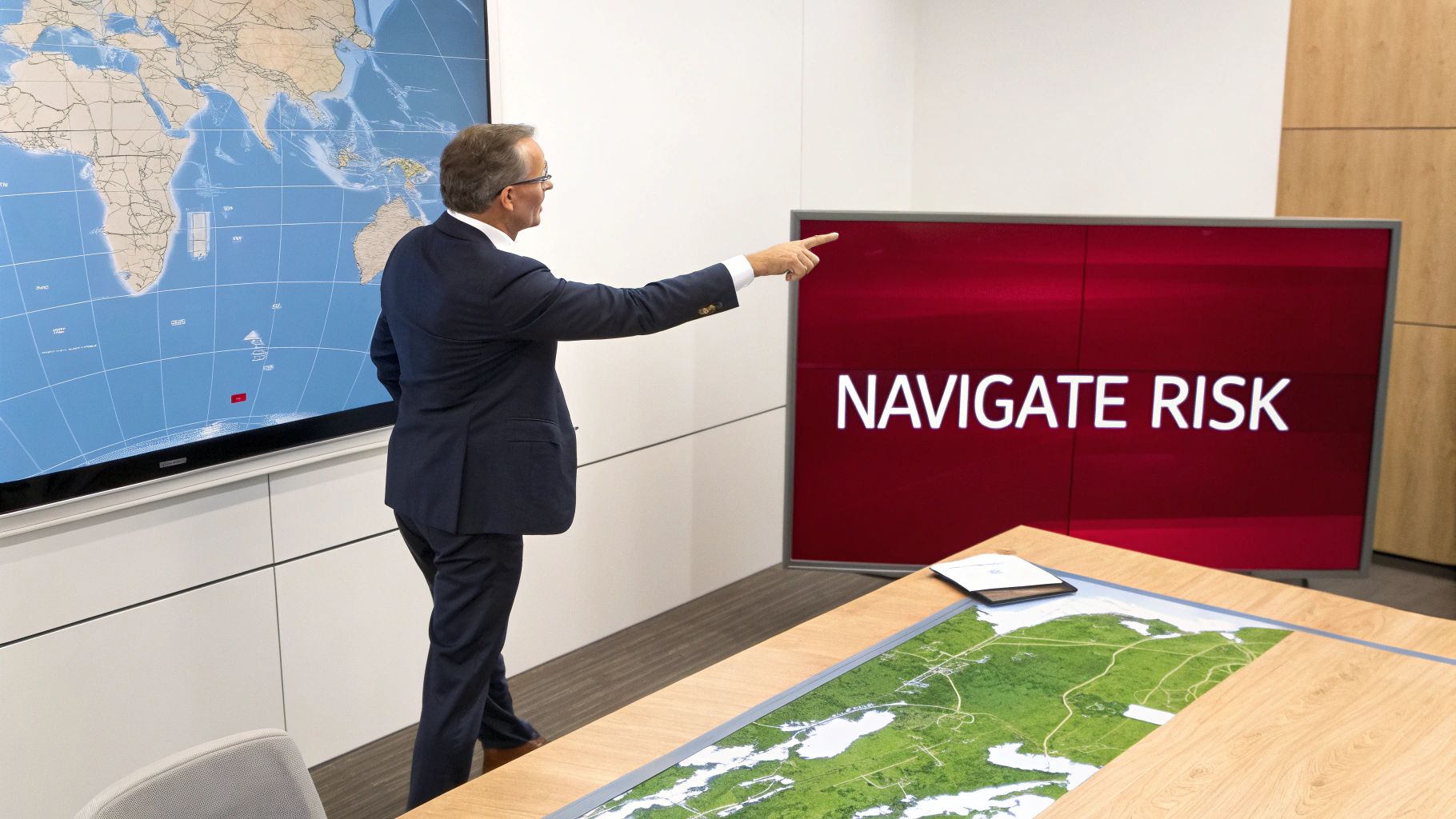 Business executive presenting risk management strategy on large screen in modern conference room