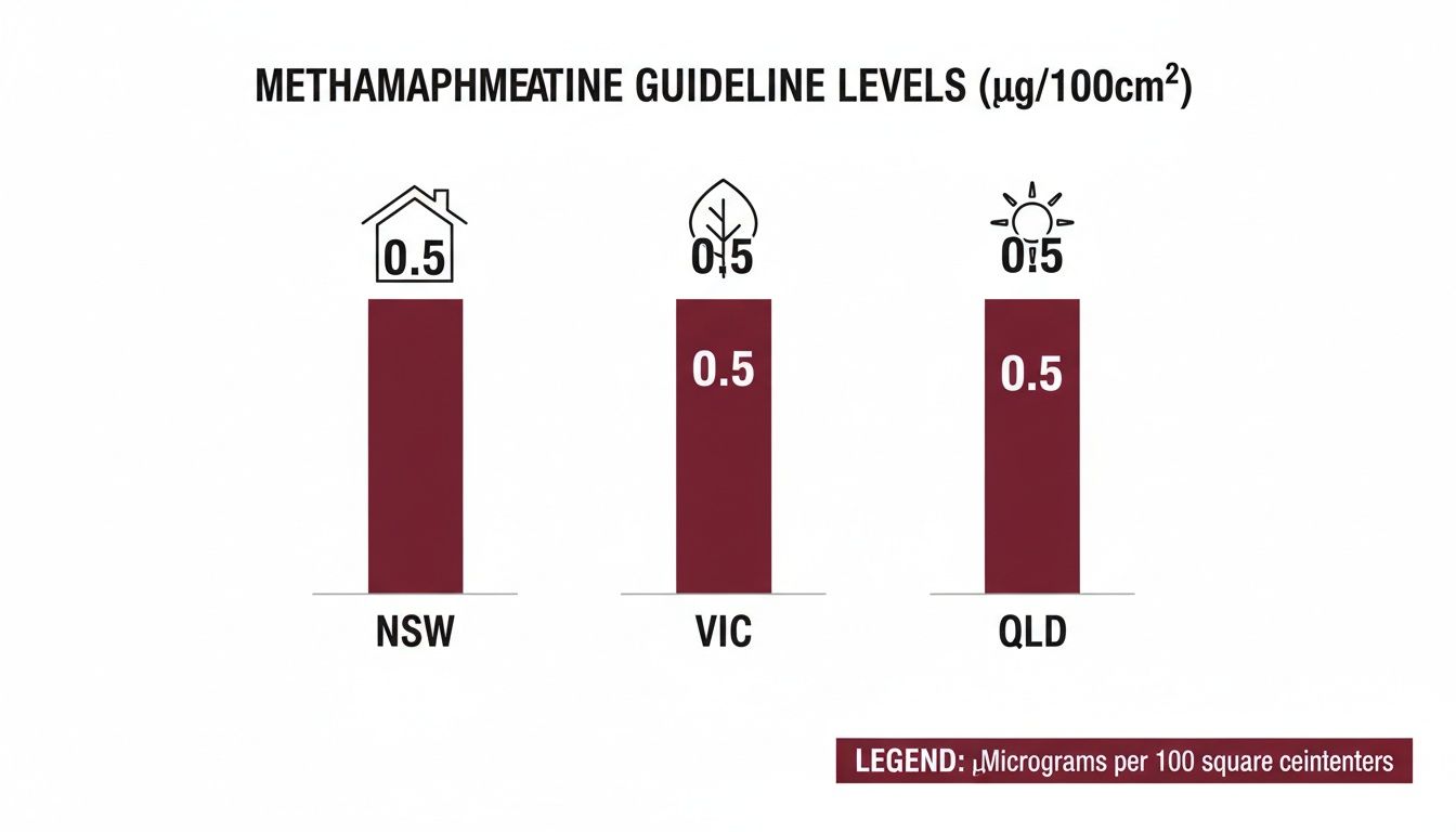 Bar chart displaying methamphetamine guideline levels of 0.5 µg/100cm² for NSW, VIC, and QLD.