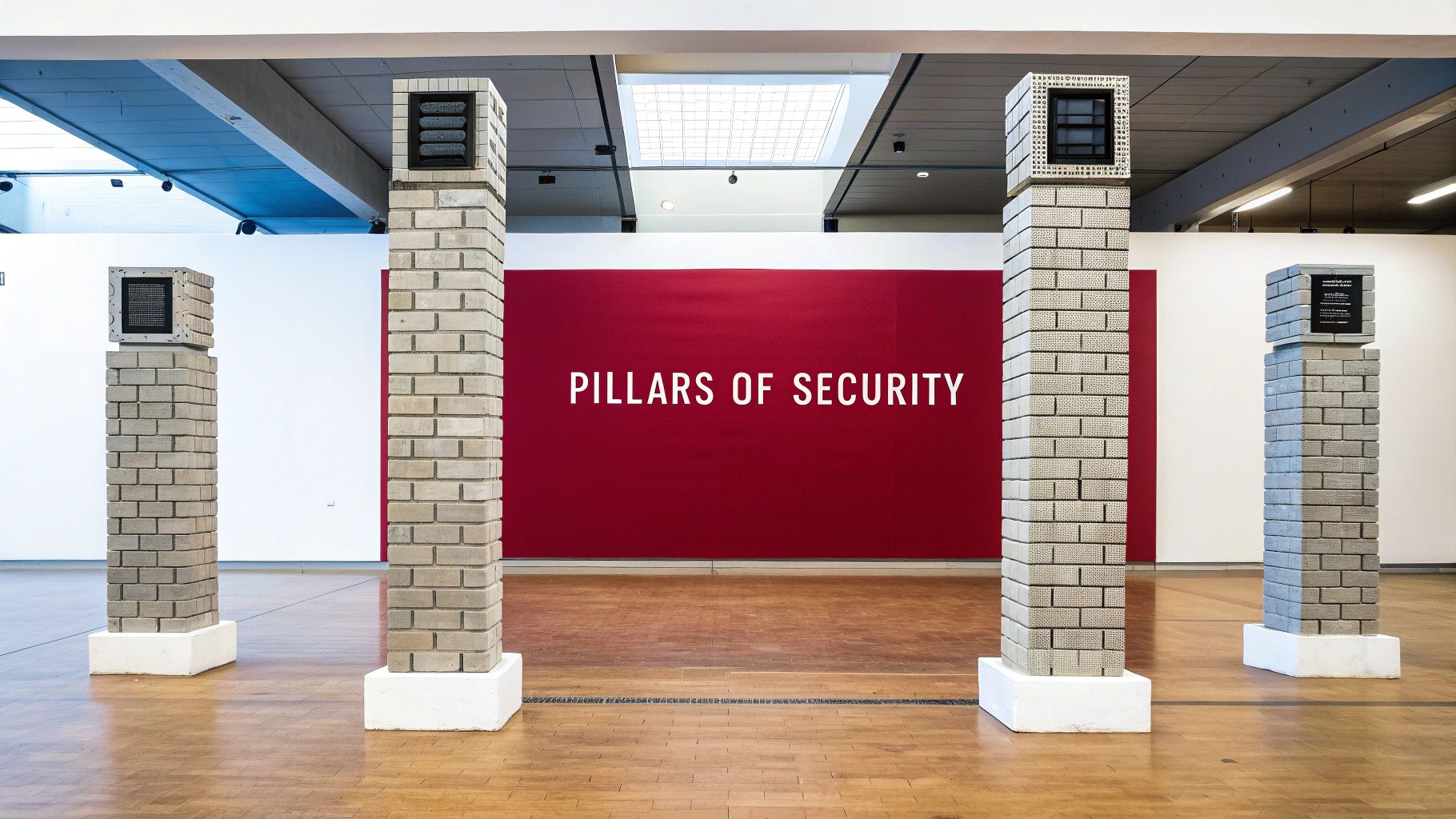 Four grey brick pillars with top screens, facing a red wall reading "Pillars of Security."