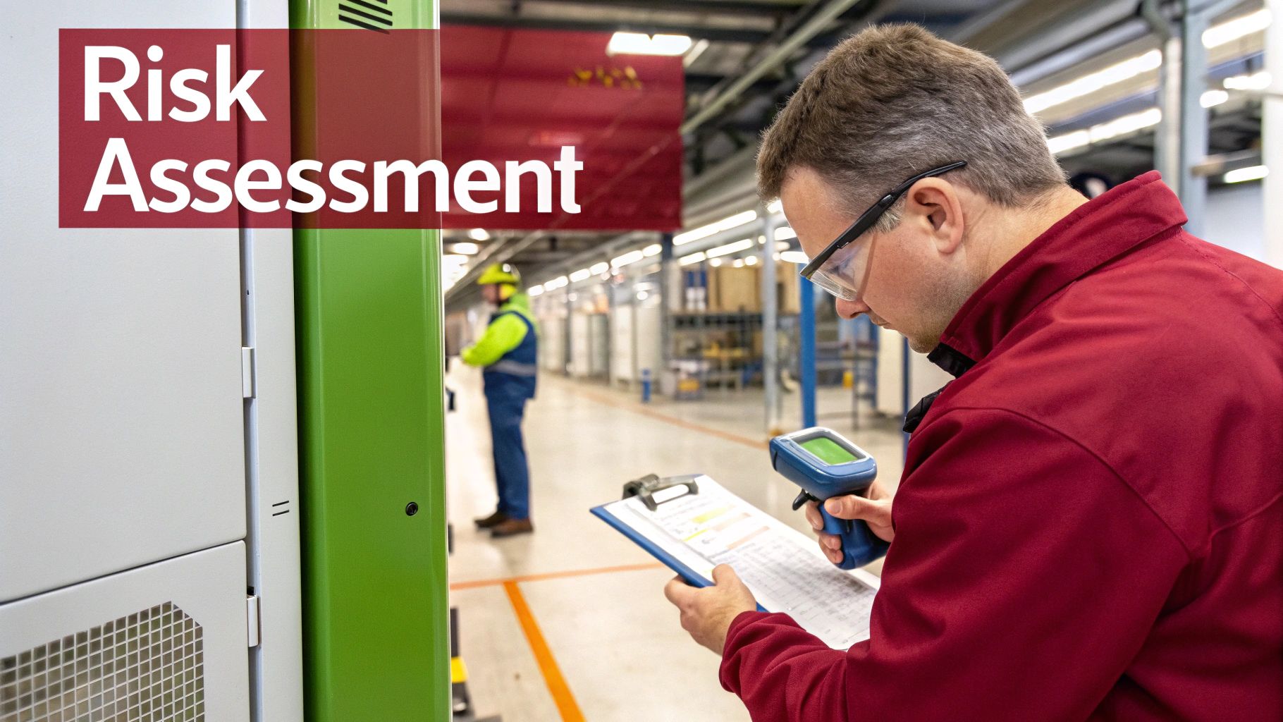 Safety professional conducting risk assessment with scanner and clipboard in industrial warehouse facility