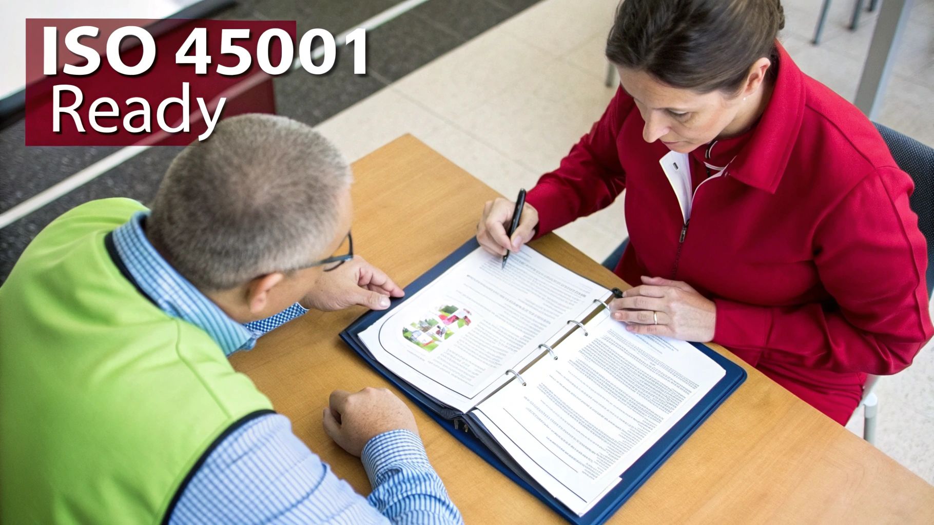 Two professionals review documents in a binder, one signing, highlighting ISO 45001 readiness.