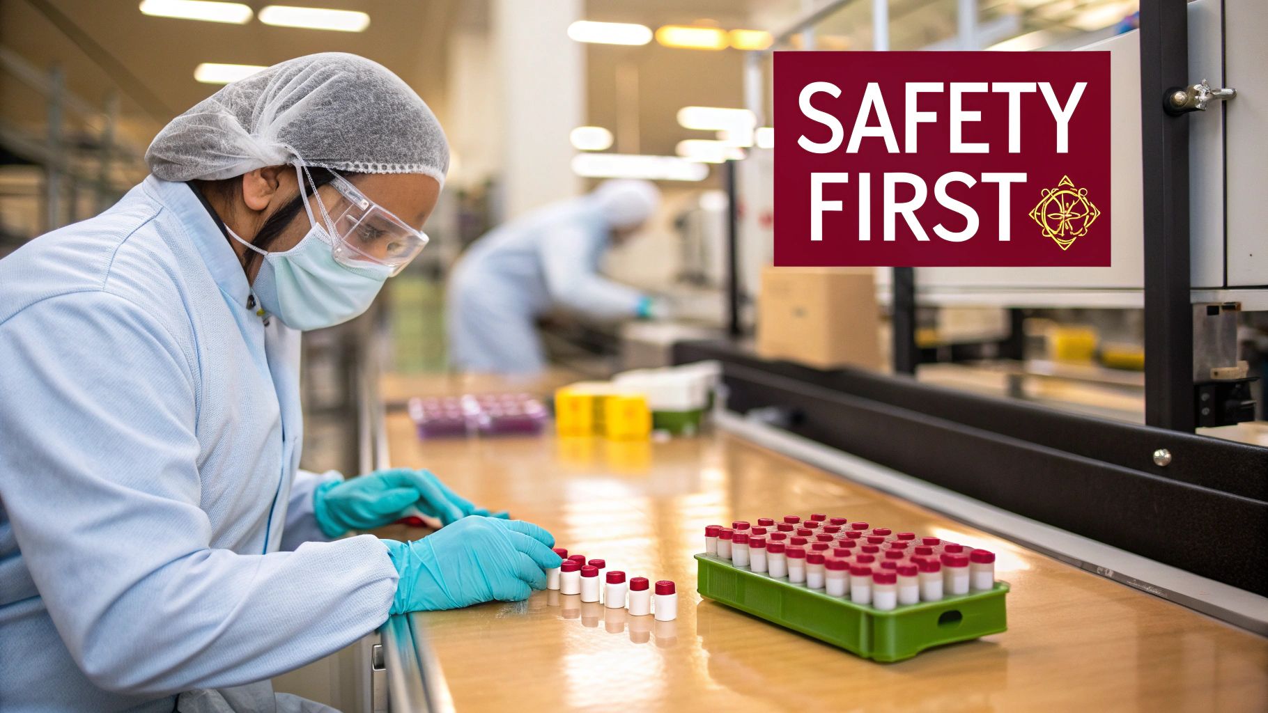 A worker in a lab coat, mask, and safety glasses handles vials, emphasizing lab safety.