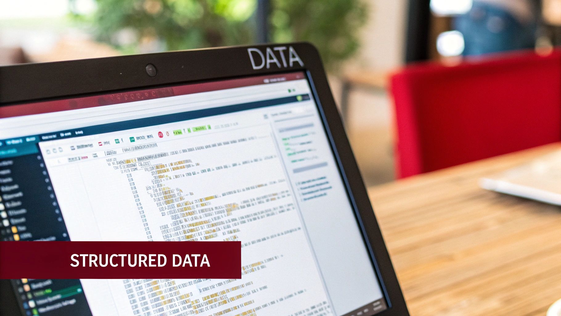 Laptop screen displaying structured data or code in an office environment.