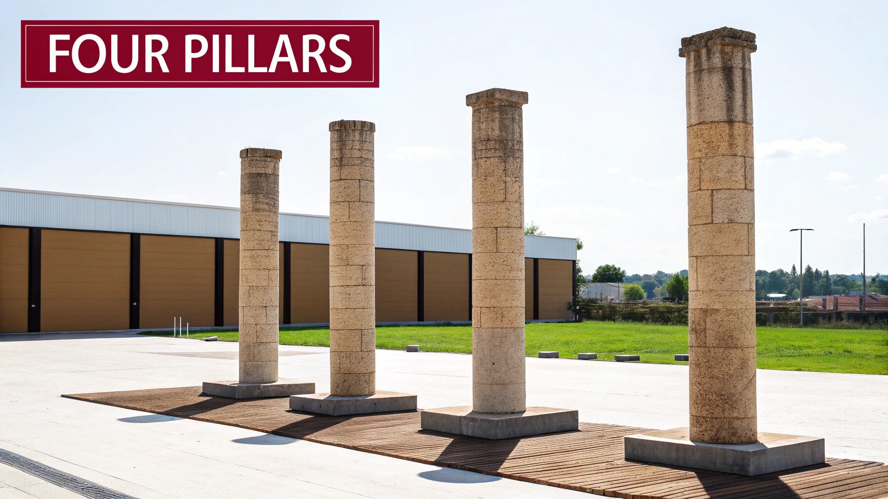 Four tall, ancient-style stone pillars stand on wooden bases outdoors on a sunny day.