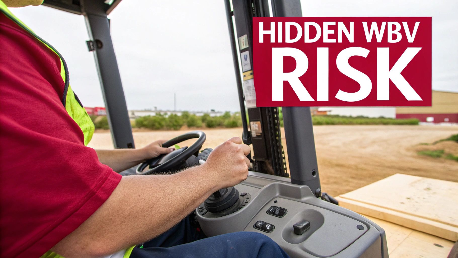A person in a red shirt and high-vis vest operating industrial machinery, with "HIDDEN WBV RISK" overlay.