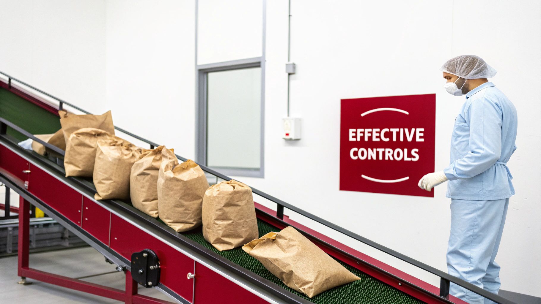 Worker in cleanroom attire watches brown paper bags ascend a conveyor belt in an industrial facility.
