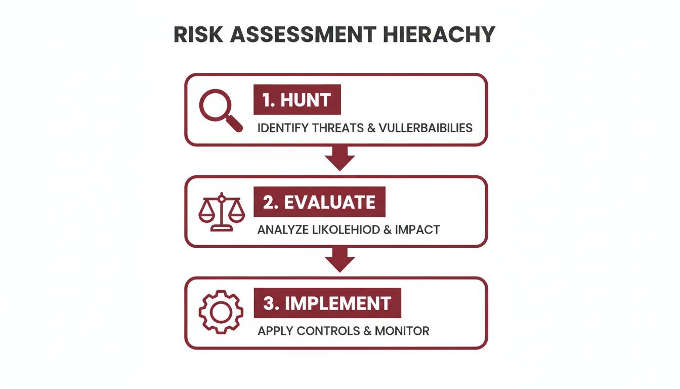 A flowchart illustrates a three-step risk assessment hierarchy: Hunt, Evaluate, and Implement.