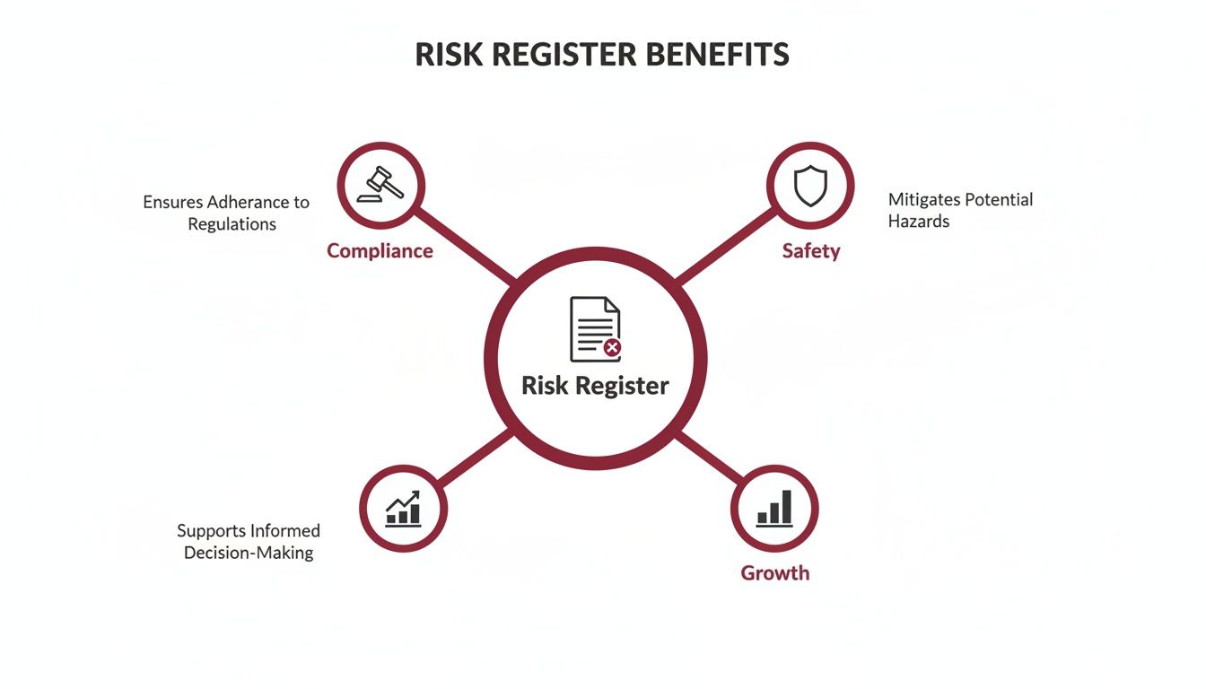 Diagram showing Risk Register benefits: compliance, safety, informed decision-making, and growth, with associated icons.