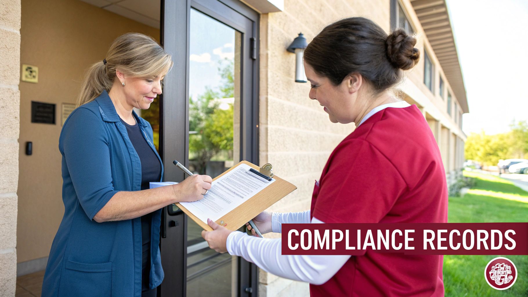 A woman in a blue jacket signs a document on a clipboard held by a woman in red scrubs outside a building.