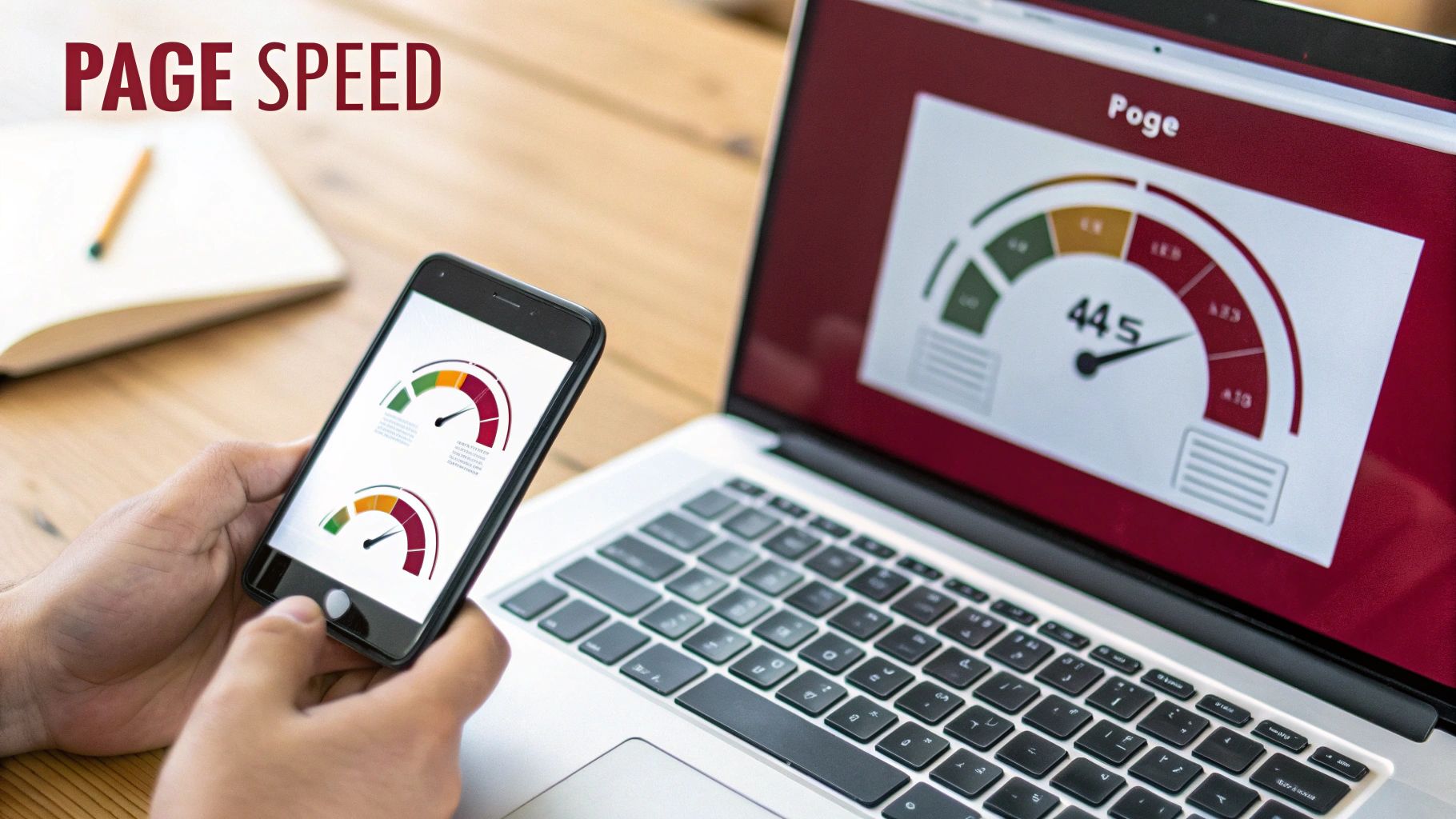 A person checking website page speed on a smartphone and laptop, displaying performance gauges.