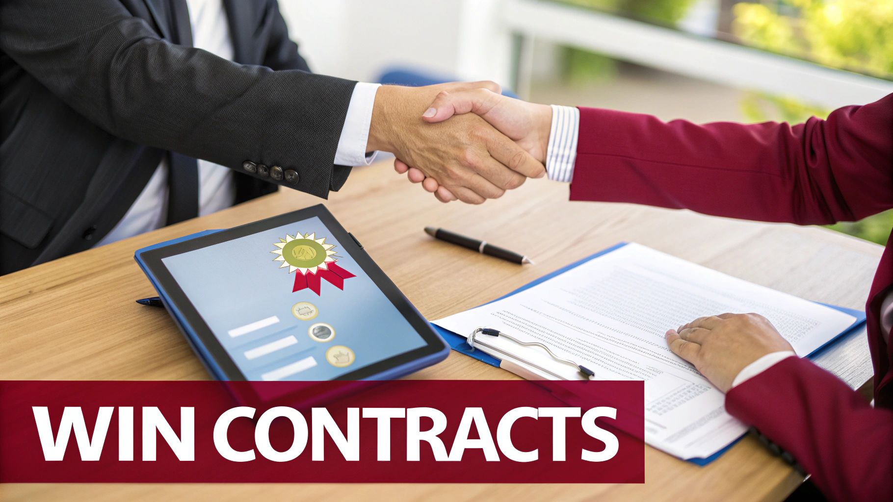 Two business people shaking hands over a table with a tablet and contract, signifying a successful deal.