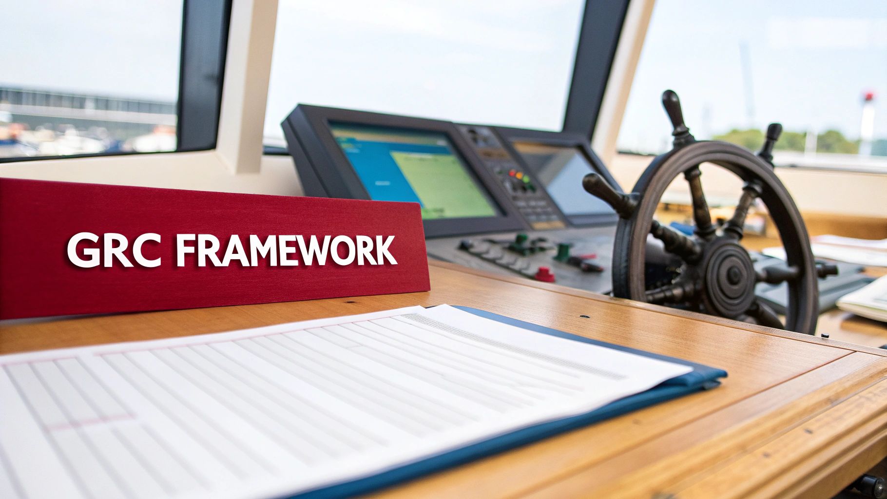 A red sign reading 'GRC FRAMEWORK' on a ship's bridge with control panels and a steering wheel.