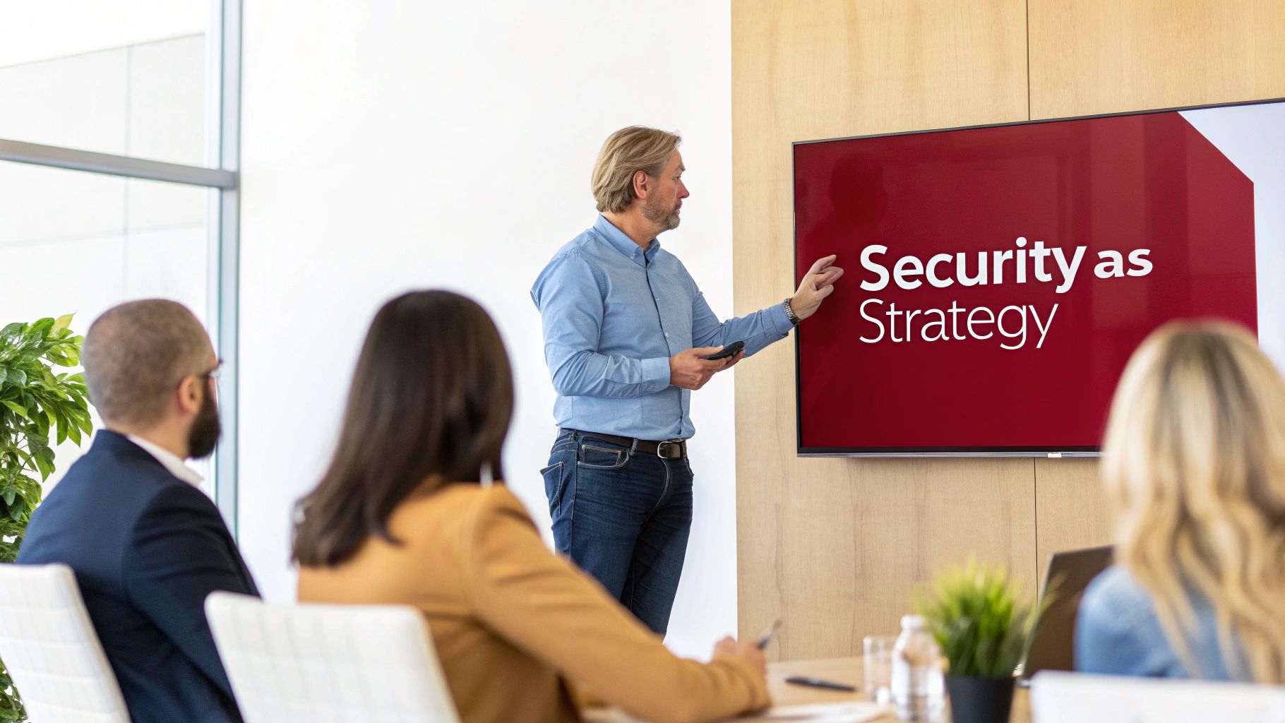 A team of professionals collaborating on a cybersecurity strategy, representing the strategic partnership with an ISO 27001 consultant.