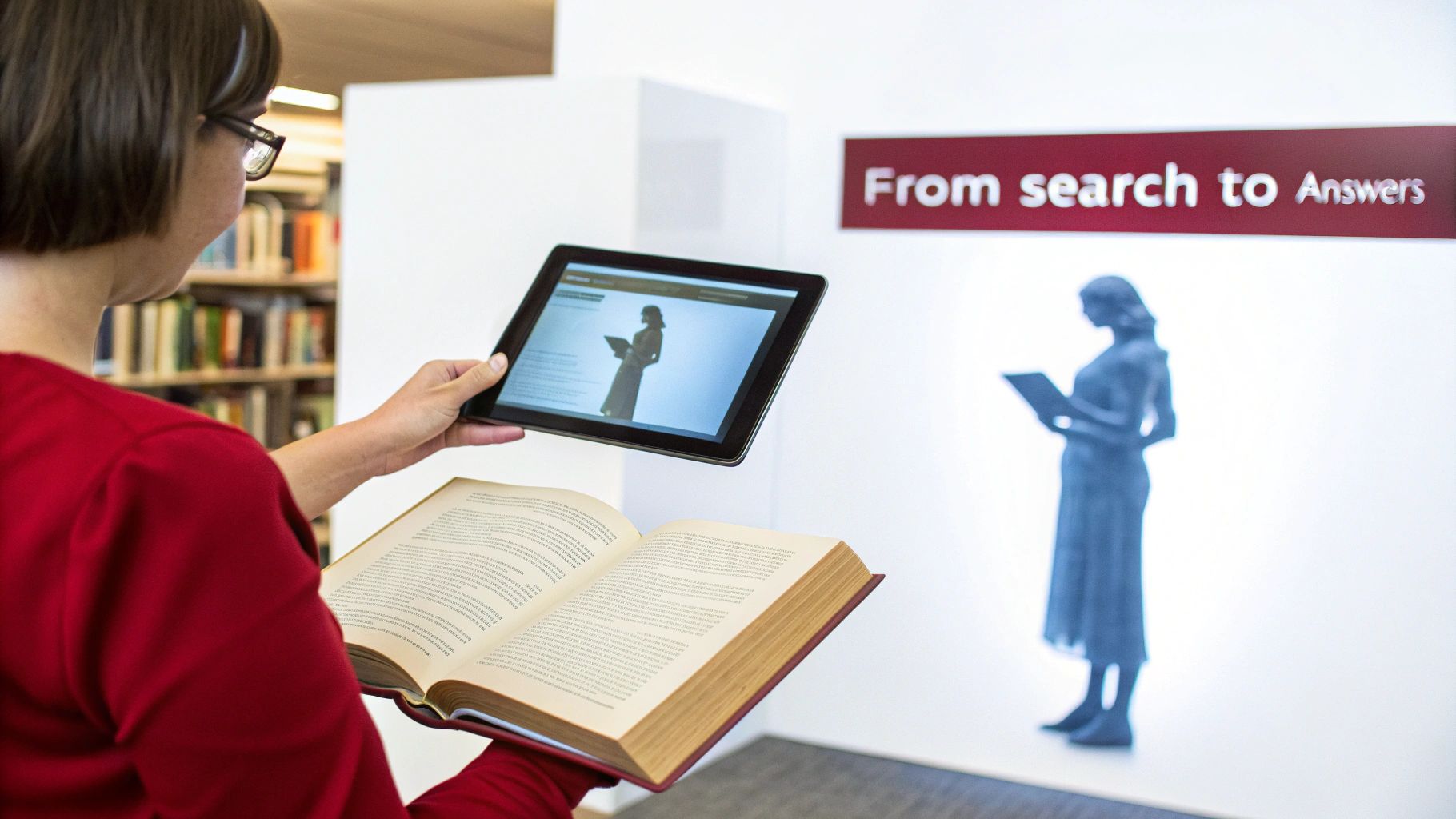 A person in a library holds a tablet and an open book, contrasting digital and print information.