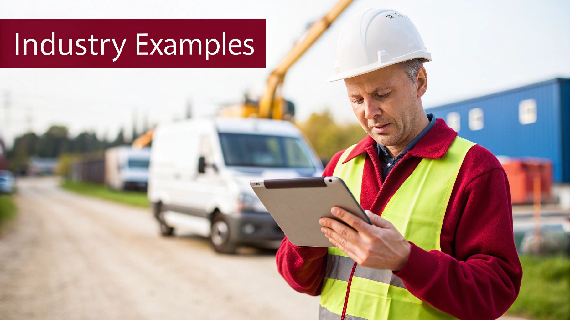 A construction worker in a hard hat and high-vis vest uses a tablet on an industry job site.