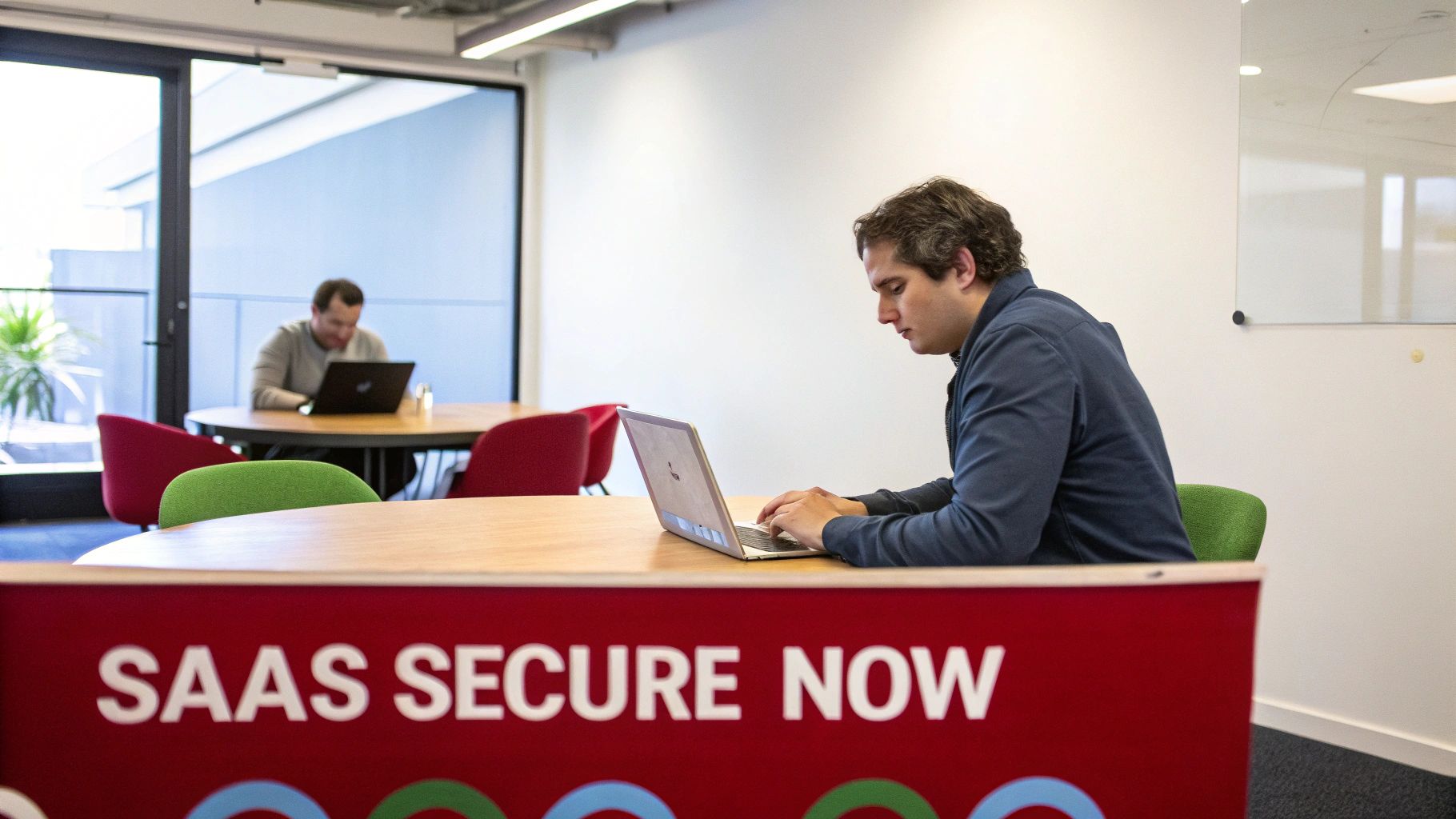 A small team in a modern office, collaborating on a project, symbolising a small business or SaaS company.