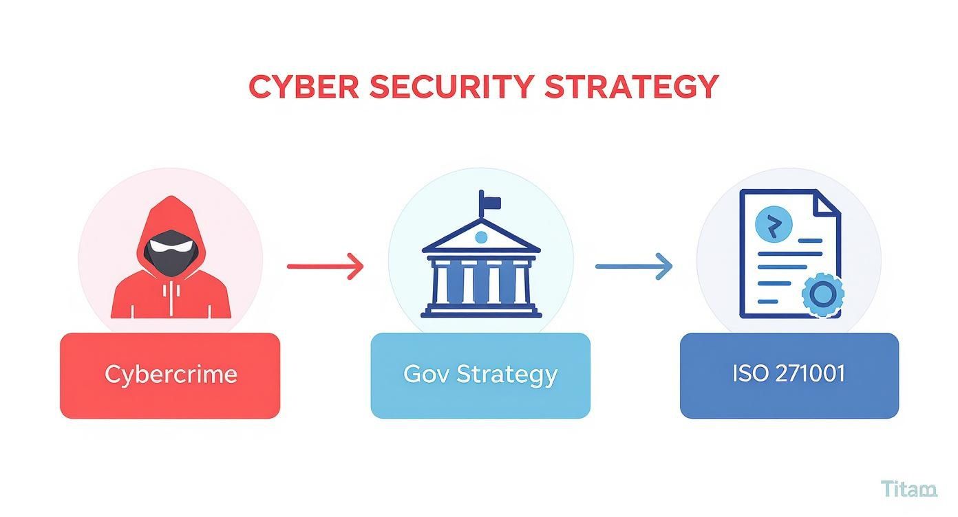 Infographic showing the process from cybercrime threats to government strategy, culminating in ISO 27001 certification.
