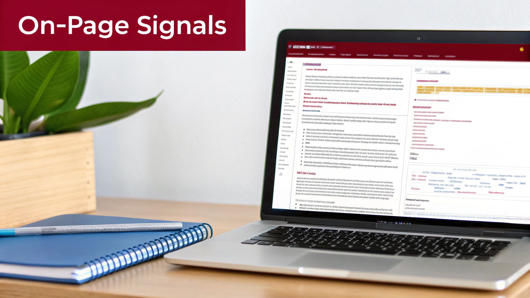 Laptop on a desk displaying an 'On-Page Signals' tool, next to a blue notebook, pen, and a green plant.