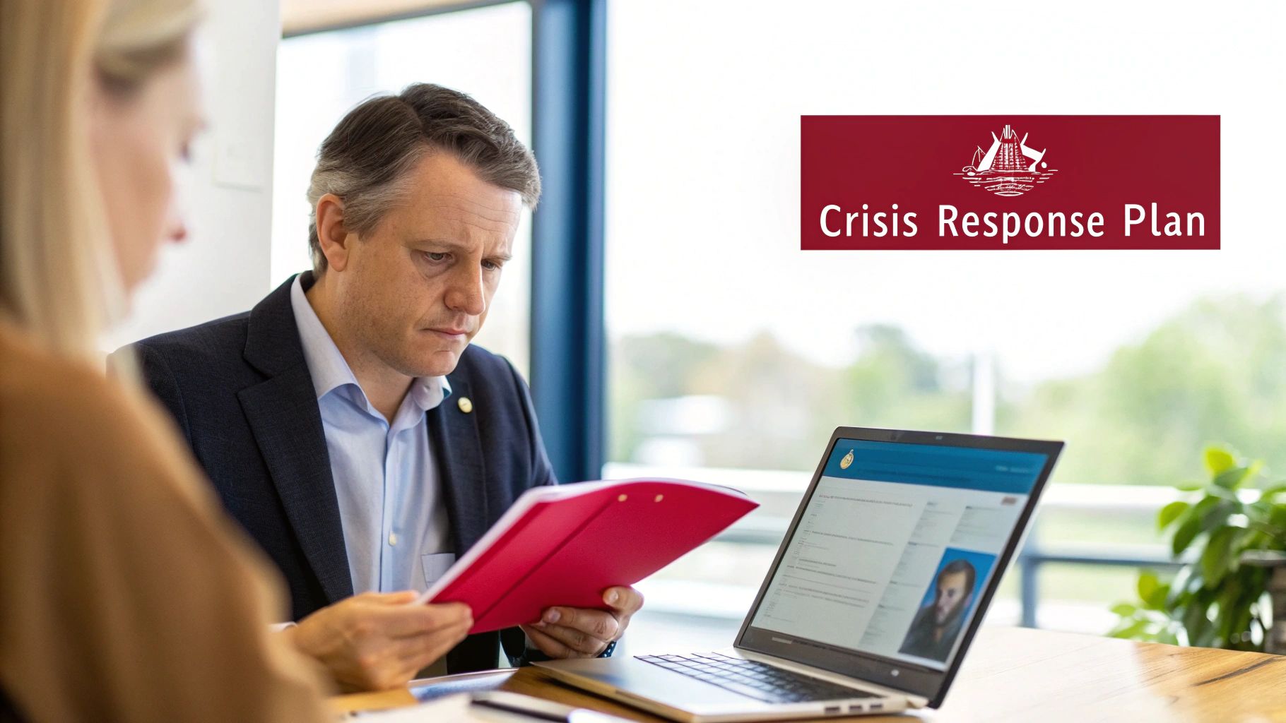 Business professionals reviewing crisis response plan documents during emergency management meeting