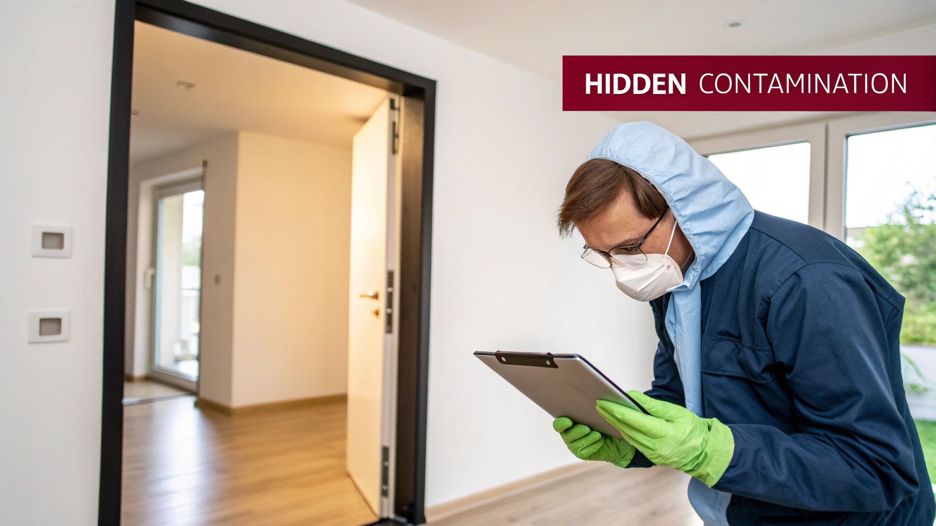 A person in a blue protective suit, mask, and green gloves inspects a room, showing 'Hidden Contamination'.