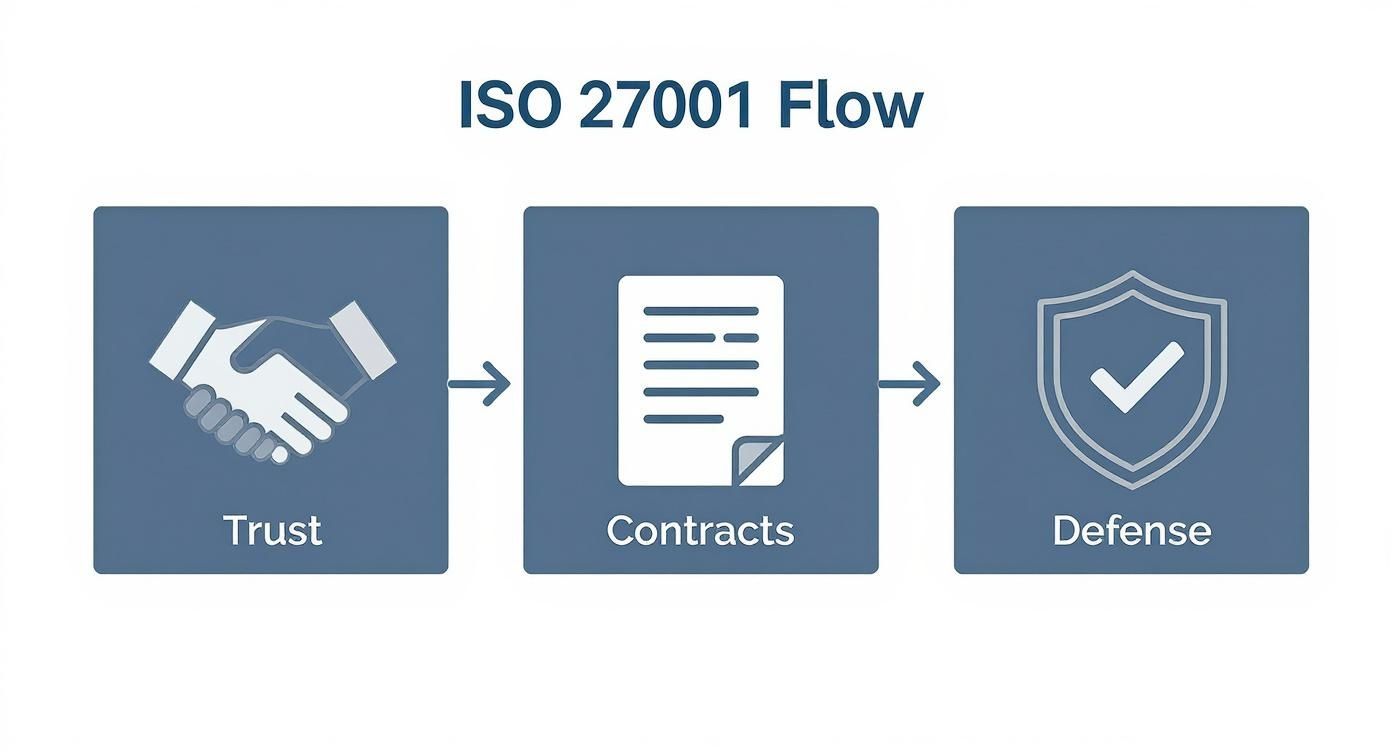 Infographic showing the benefits of ISO 27001 certification including Trust, Contracts, and Defense.