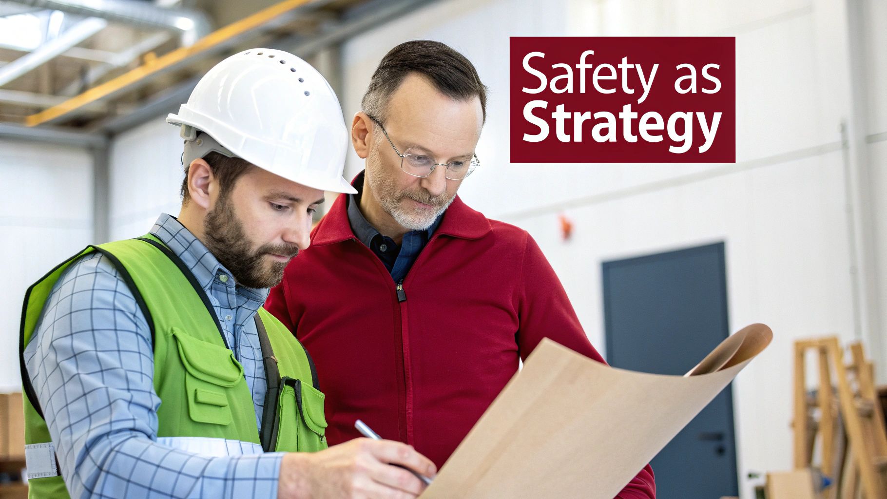 Two construction professionals review blueprints in a warehouse, one in a hard hat, with text 'Safety as Strategy'.