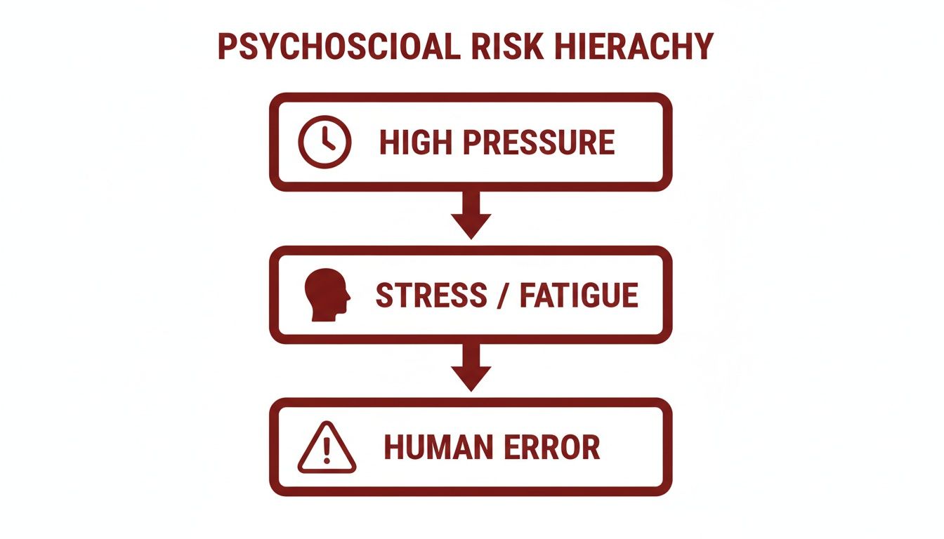 A flowchart showing the psychosocial risk hierarchy: high pressure leads to stress/fatigue, resulting in human error.