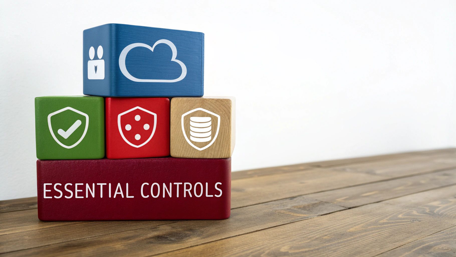 A stack of colorful blocks representing essential security controls for cloud infrastructure and data.