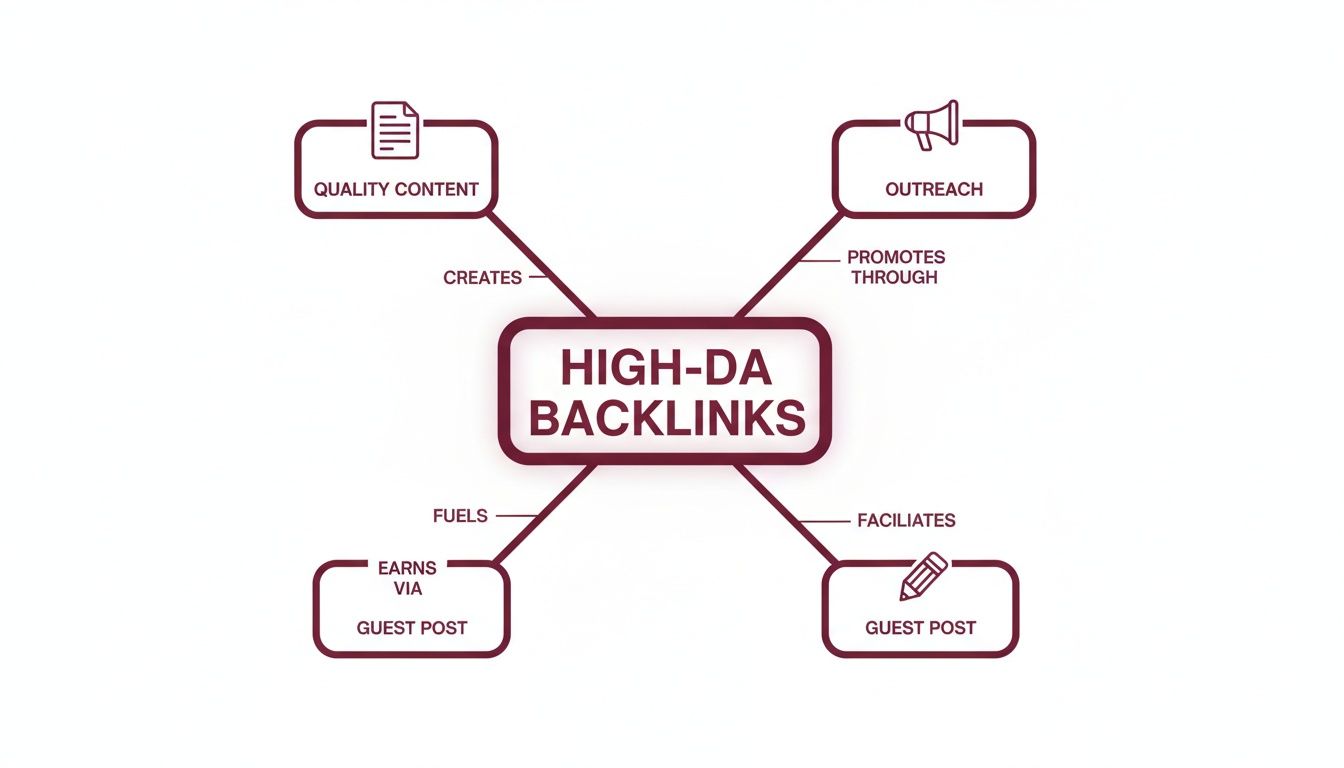 Mind map illustrating how to acquire high-DA backlinks through quality content, outreach, and guest posts.