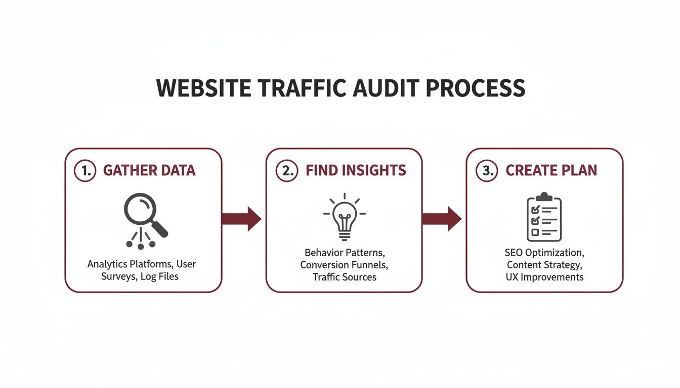 Infographic outlining the three-step website traffic audit process: gather data, find insights, and create a plan.