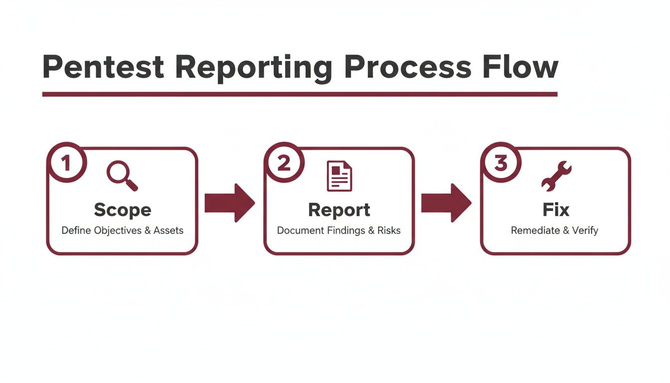 A flowchart showing the Pentest Reporting Process with steps: Scope, Report, and Fix.