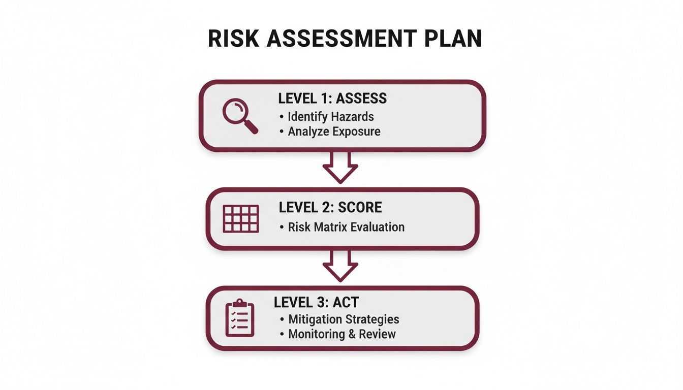 A flowchart outlining a three-level risk assessment plan: assess hazards, score risks, and act with mitigation.
