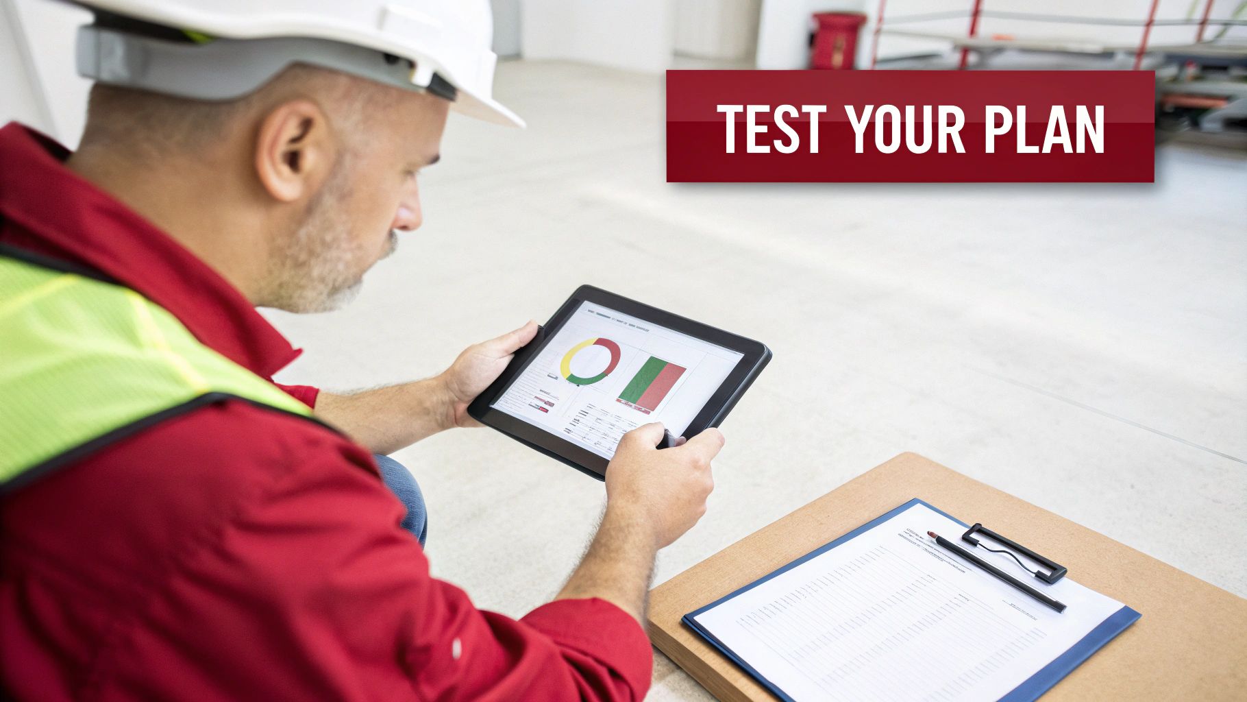 A construction worker in a hard hat and safety vest reviews data on a tablet, with a clipboard nearby. A red banner says "TEST YOUR PLAN".