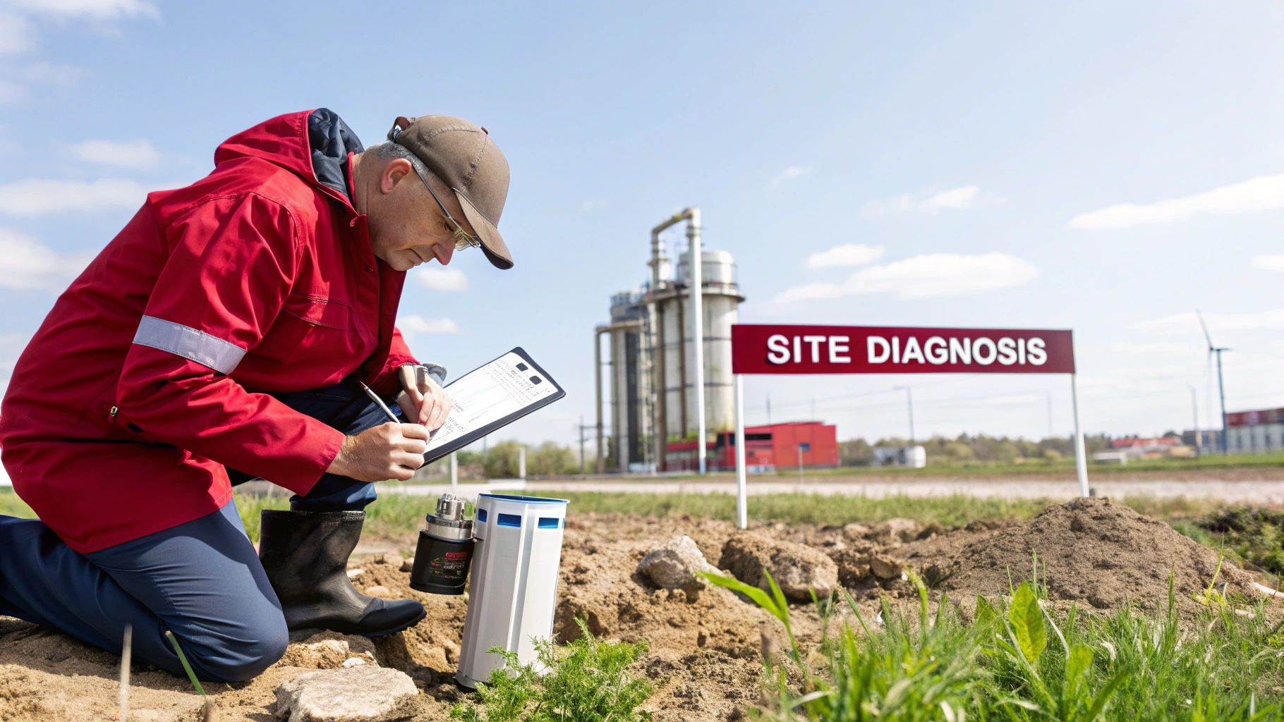 Man in red jacket kneels, writing on a clipboard during a site diagnosis and environmental inspection.