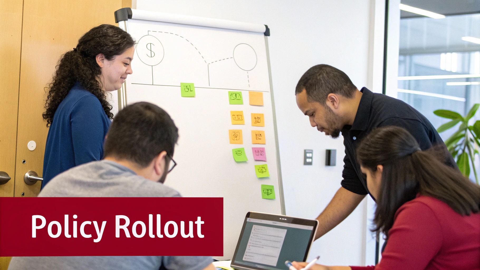 Four diverse professionals collaborate in a meeting, brainstorming a policy rollout using a whiteboard and sticky notes.