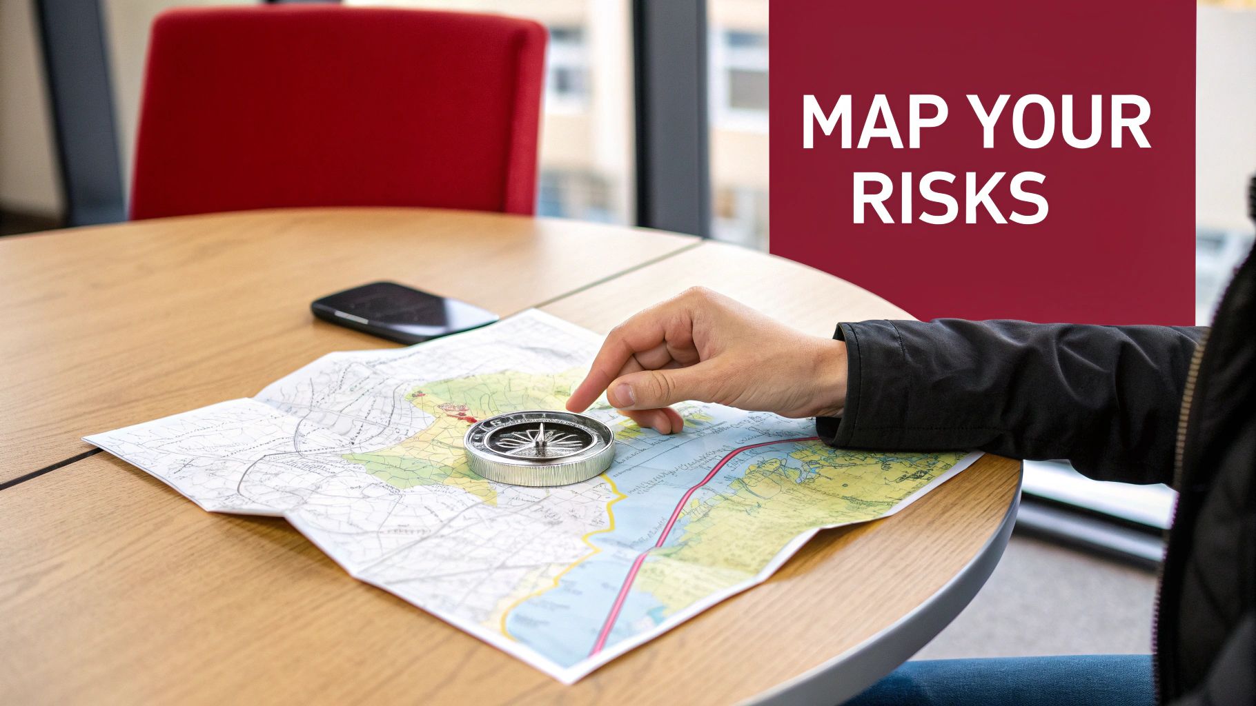 A hand uses a compass on a map laid out on a wooden table, next to a phone, with text "MAP YOUR RISKS".