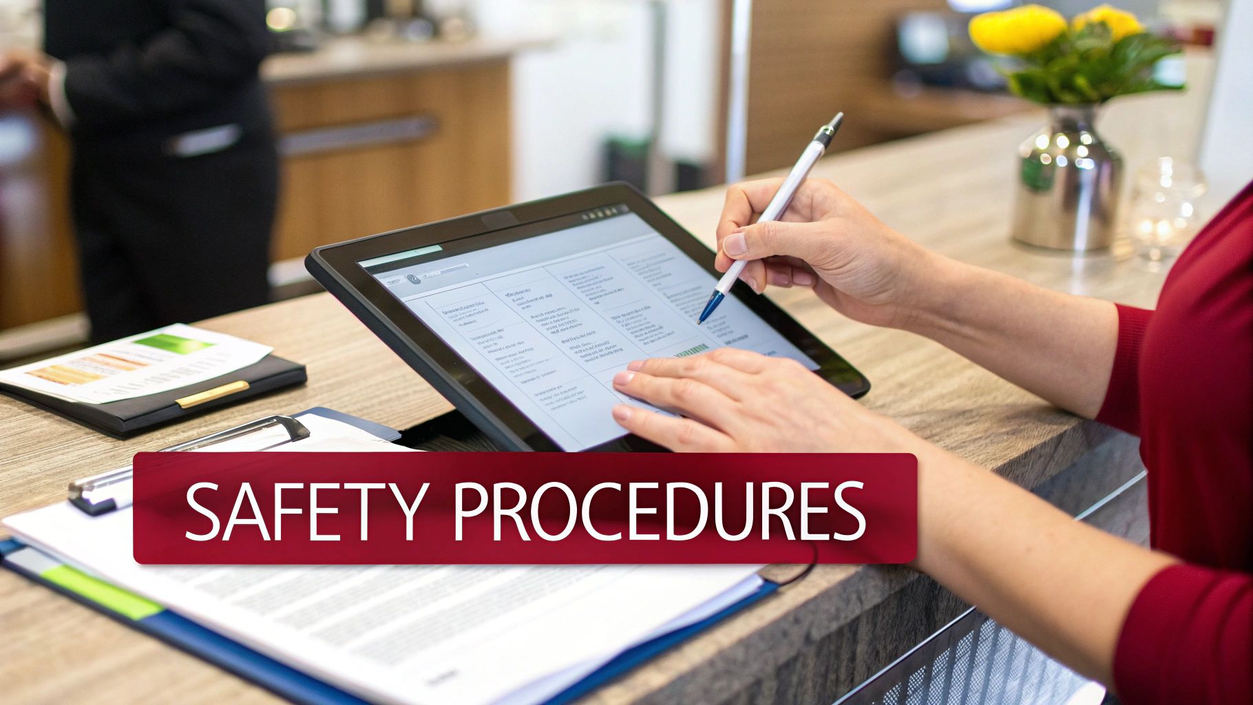 A person uses a stylus on a tablet showing safety procedures, with documents on a counter.