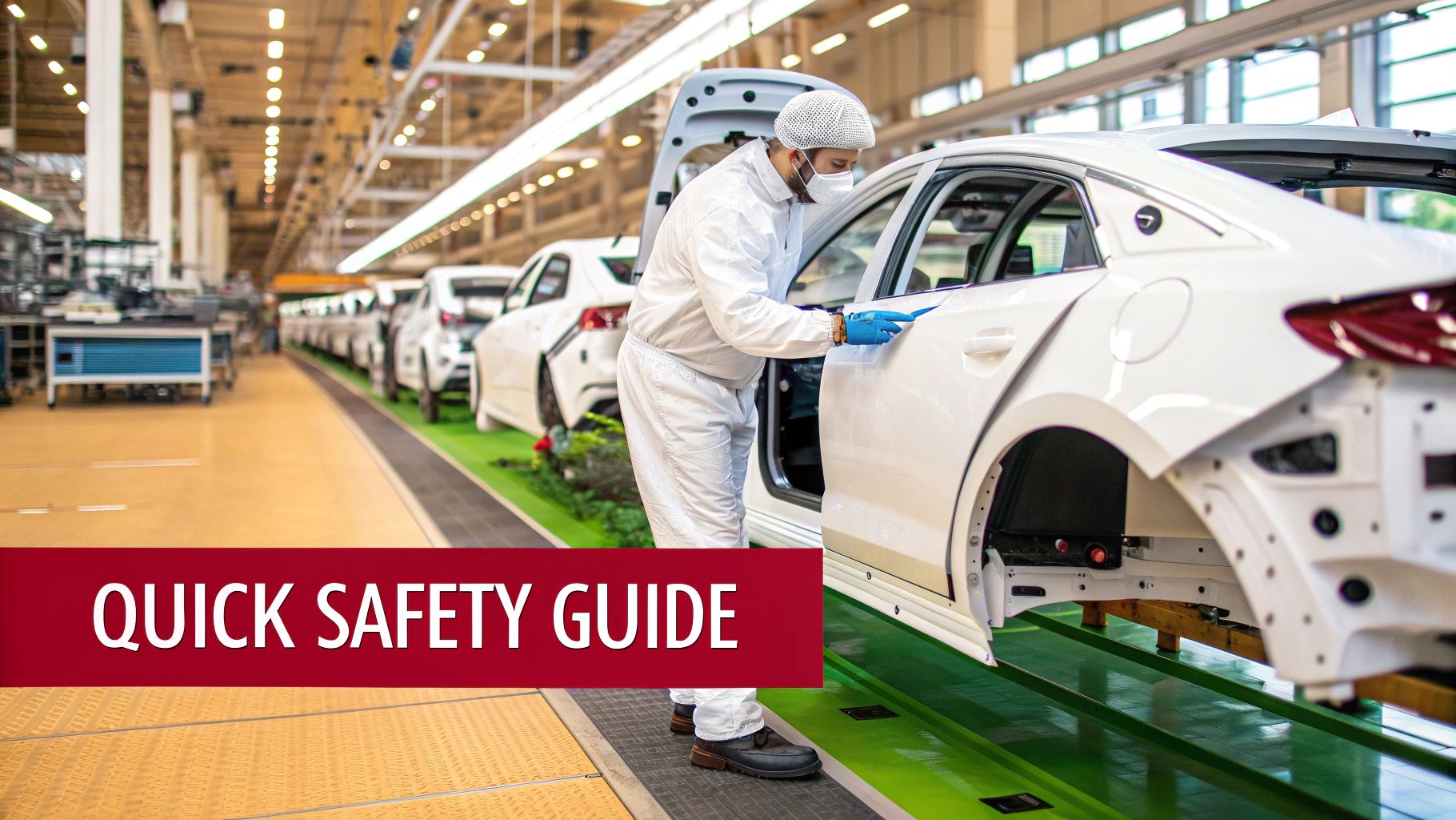 A worker in a white protective suit and mask inspecting a white car on an automotive assembly line.