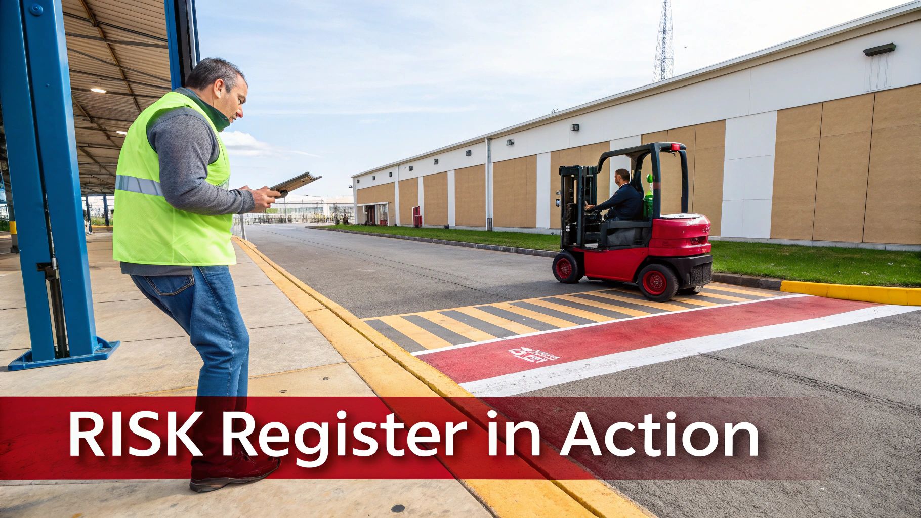 A worker in a safety vest uses a clipboard while a forklift drives on a marked safety crossing at an industrial site.