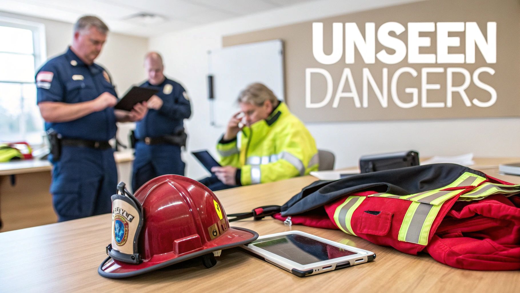 Emergency service workers and equipment, including a firefighter helmet, discuss 'UNSEEN DANGERS' in a meeting room.