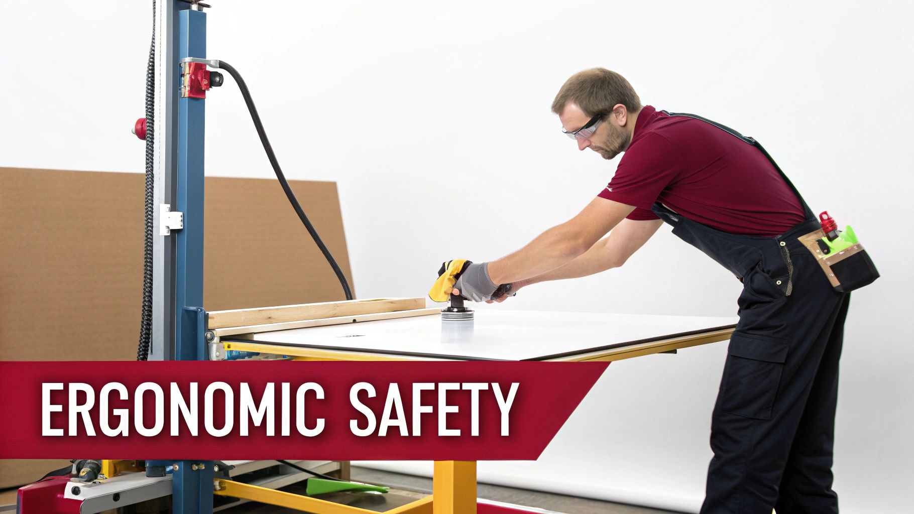 A man wearing safety glasses and work gloves uses a power tool on a white surface, illustrating ergonomic safety practices.