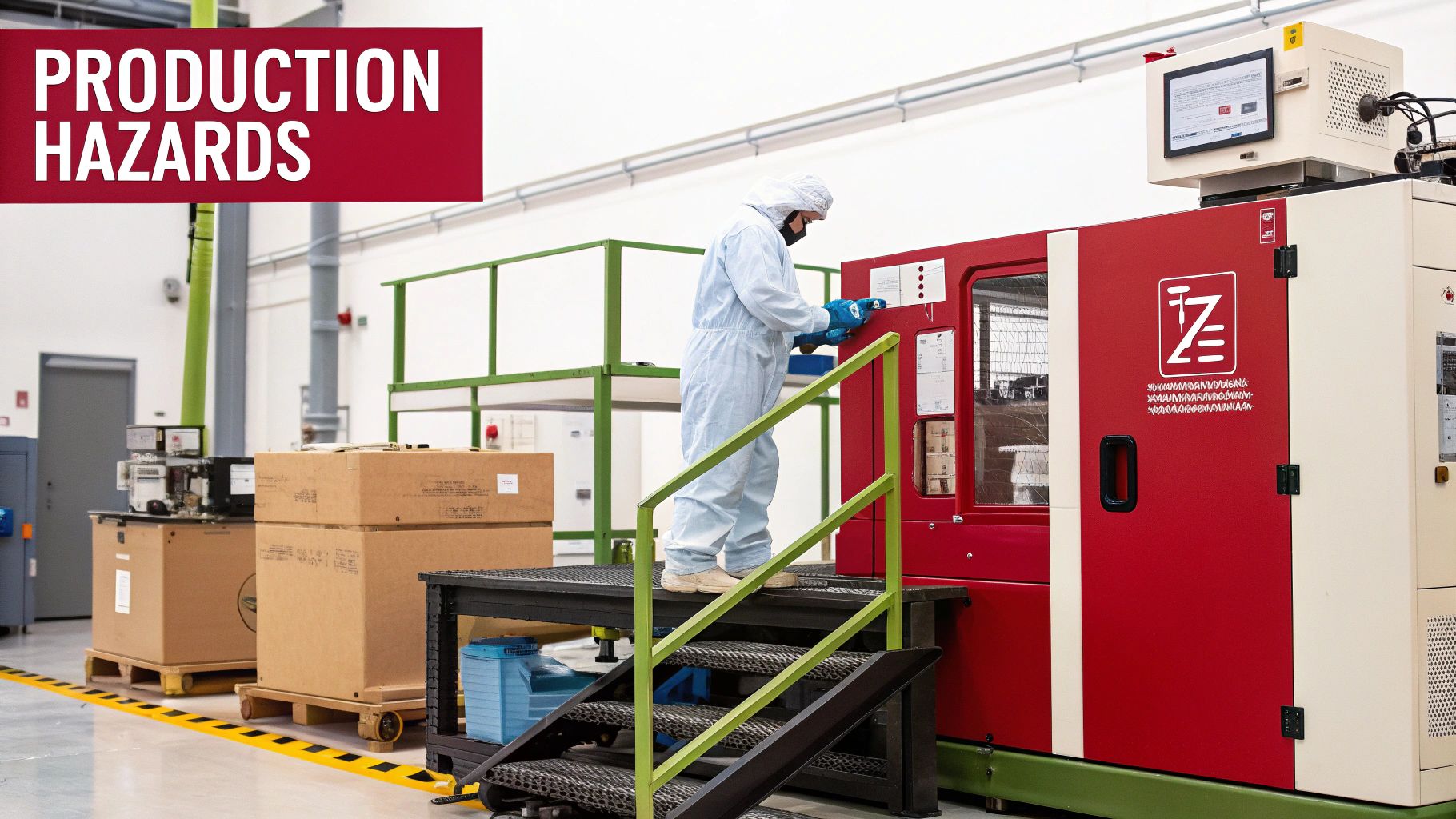 A worker in a cleanroom suit operates industrial machinery in a manufacturing facility, highlighting production hazards.