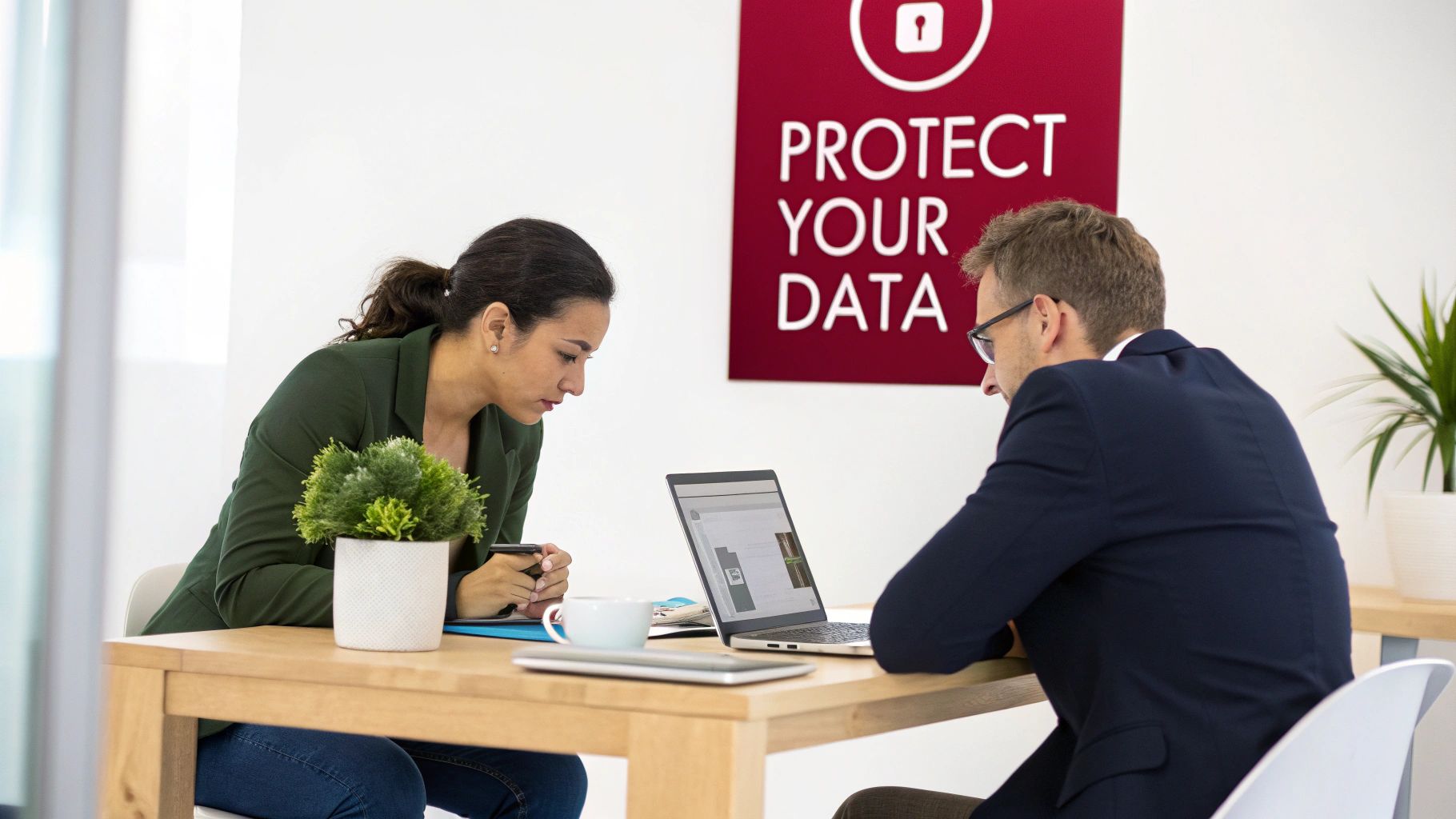 Two professionals discussing data security in an office with a "Protect Your Data" sign.