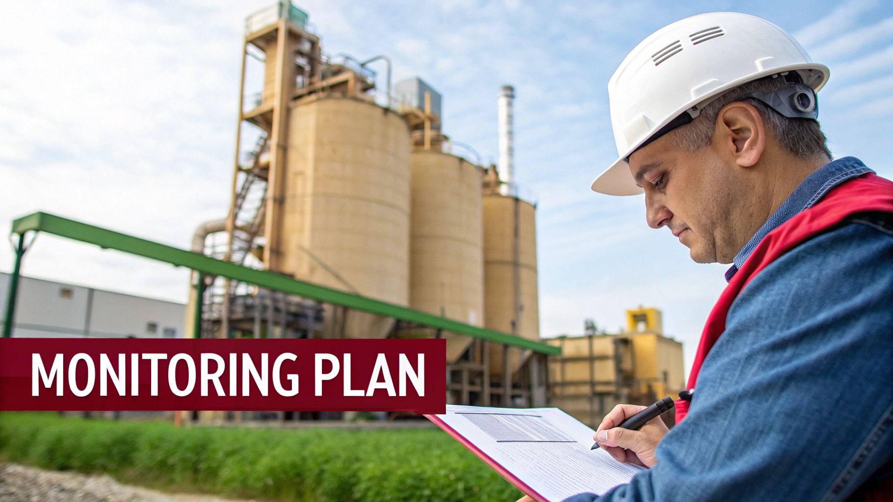 A health and safety professional planning a monitoring strategy with a clipboard in a bakery setting.