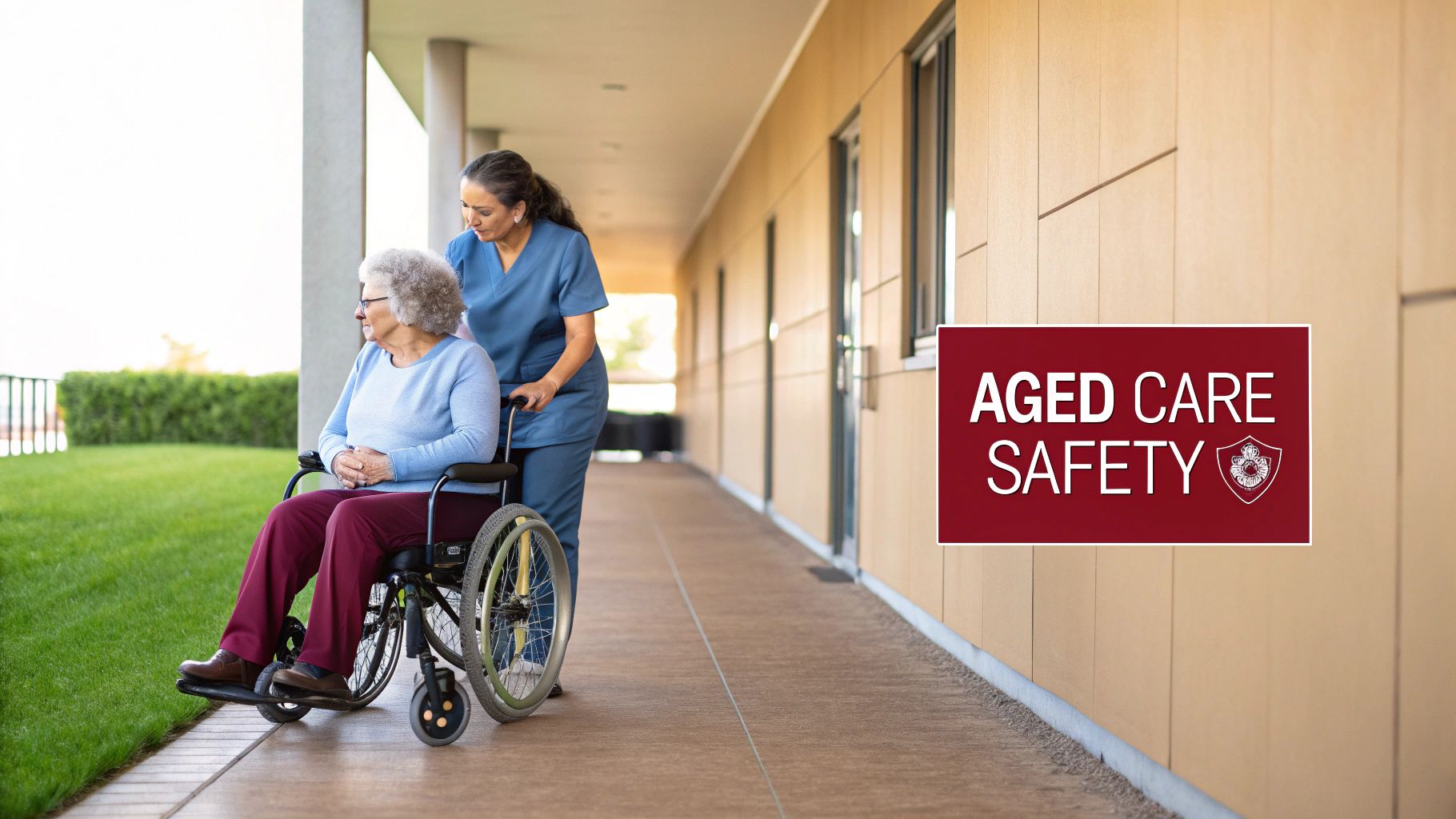 Aged care worker pushes an elderly woman in a wheelchair along a corridor, with an "Aged Care Safety" sign.