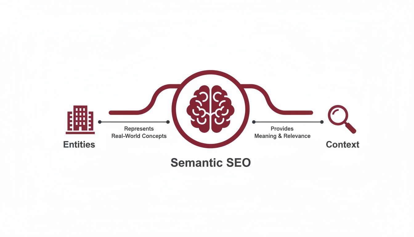 Semantic SEO diagram illustrating how entities represent real-world concepts to provide meaning and relevance to context.