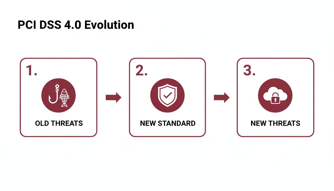 A diagram illustrating the PCI DSS 4.0 evolution from old threats, to new standards, and new cloud threats.