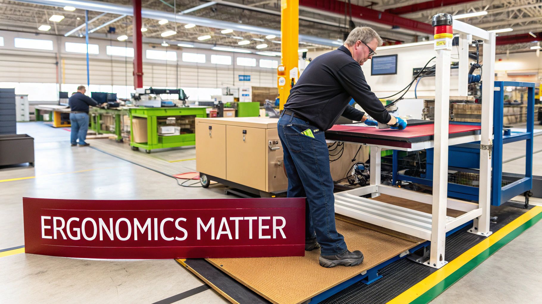 A worker uses an ergonomic workstation with an anti-fatigue mat in a modern factory, promoting workplace safety.