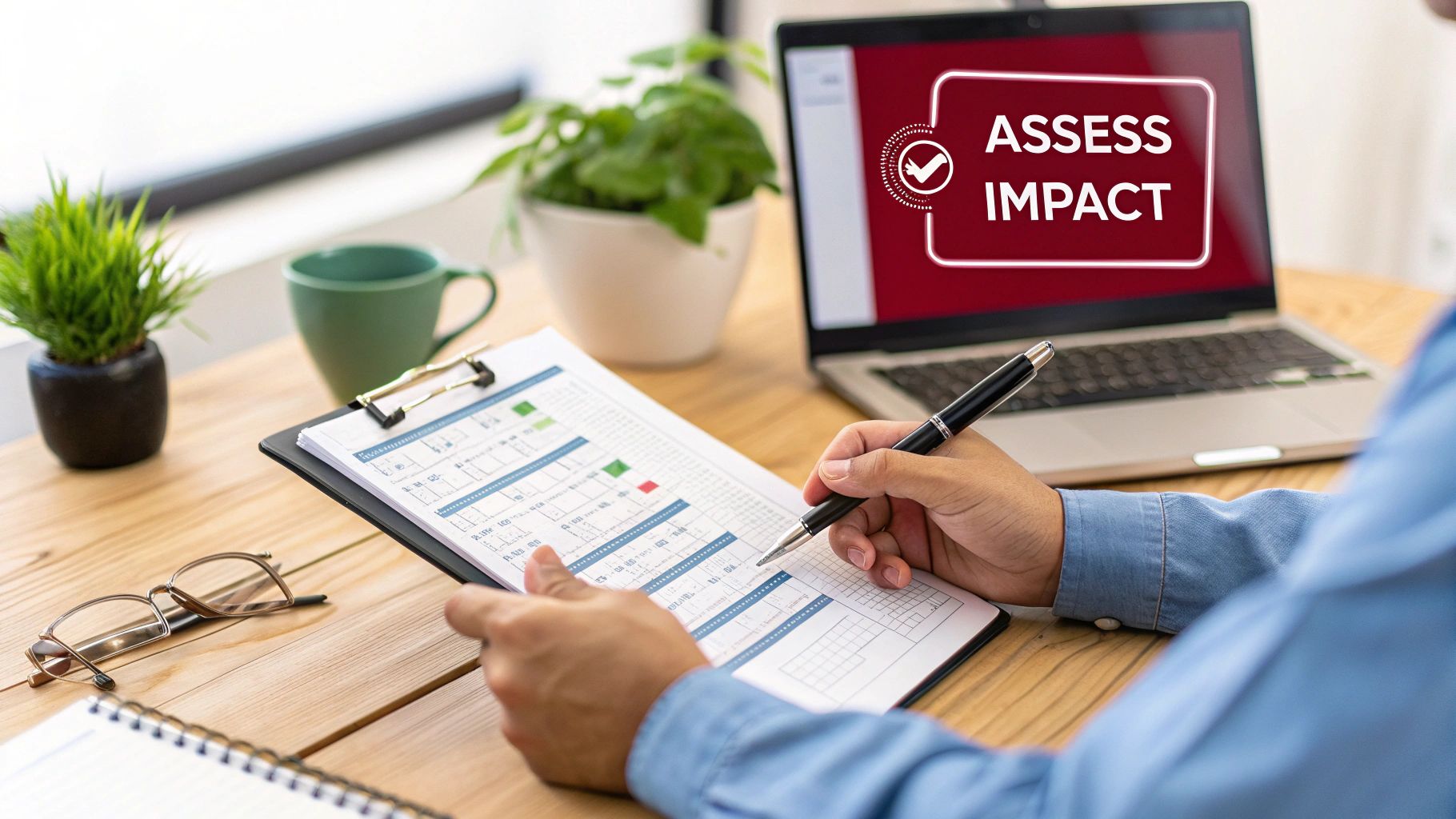 A person writing on a document with a pen, a laptop showing 'Assess Impact' in a modern office.